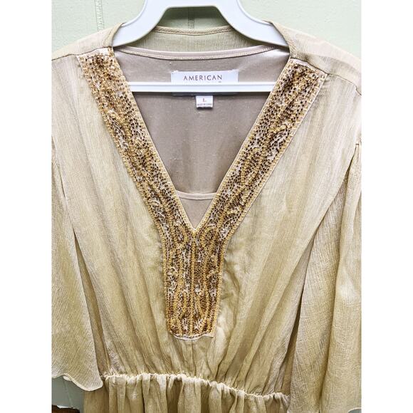 American Glamour Badgley Mischka Gold Flutter Boho Sleeve Blouse Size L - Picture 3 of 7